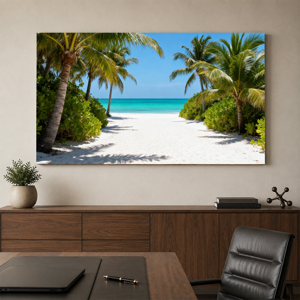 Palm Path to the Sea canvas wall art, office mockup above a desk.