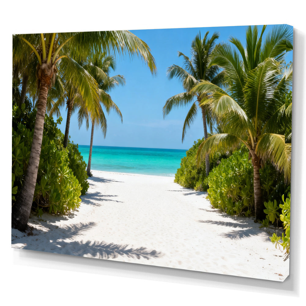 Palm Path to the Sea canvas wall art, angled canvas mockup on a white background.