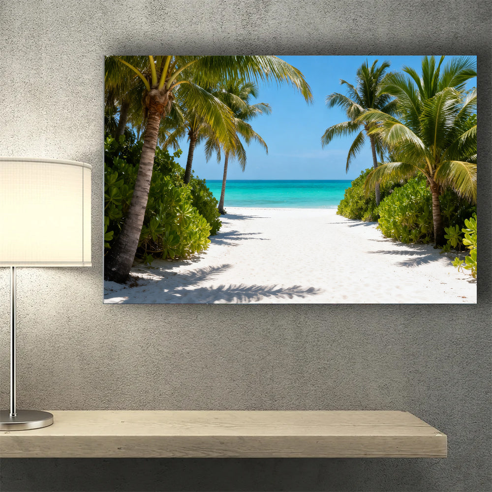 Palm Path to the Sea canvas wall art, wall mockup above a console.
