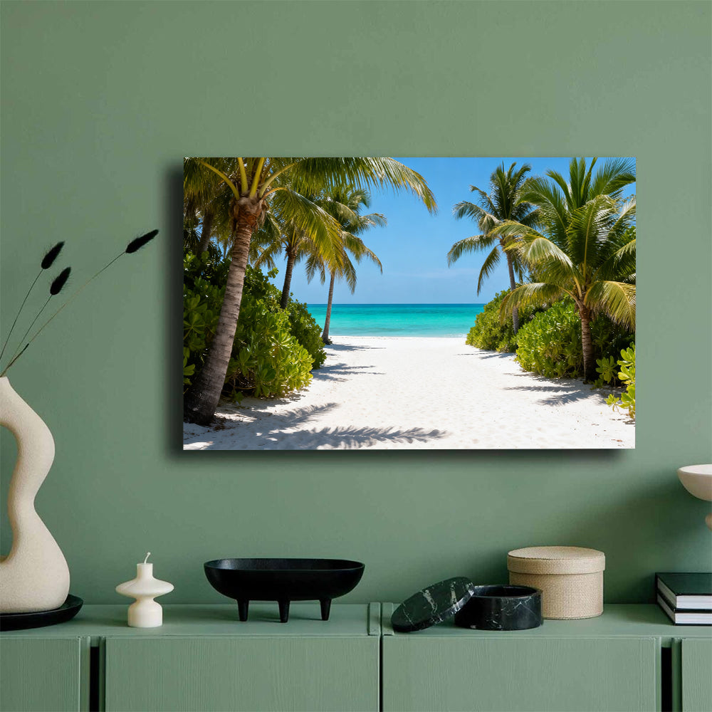 Palm Path to the Sea canvas wall art, mockup on a green wall.