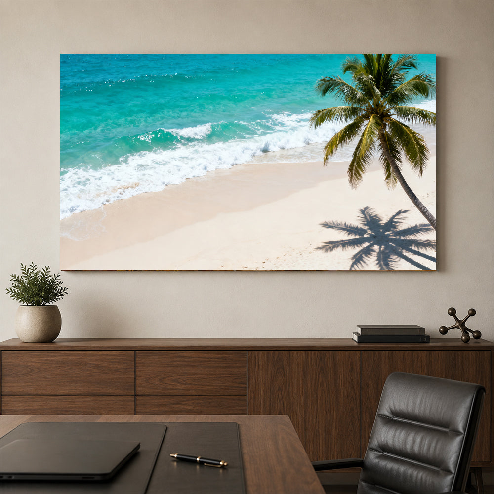Lone Palm Shore canvas wall art, office mockup above a desk.