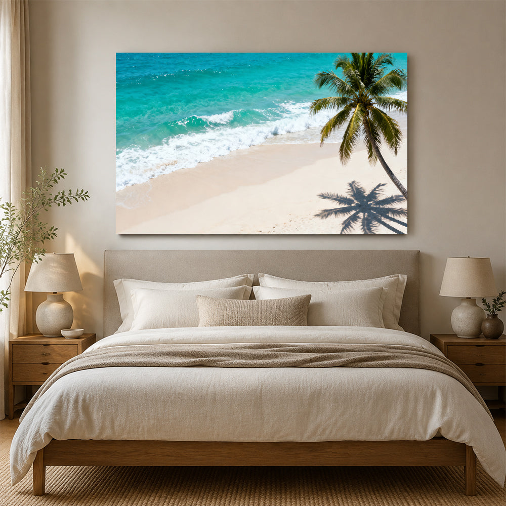 Lone Palm Shore canvas wall art, bedroom mockup above a bed.