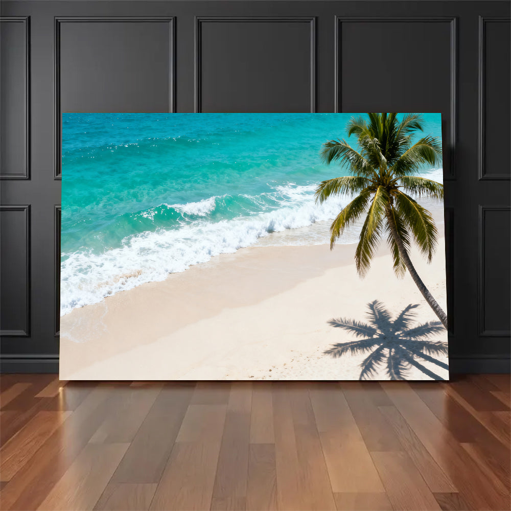 Lone Palm Shore canvas wall art, floor display against a dark wall.