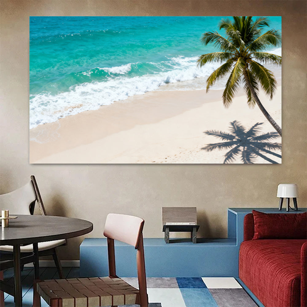 Lone Palm Shore canvas wall art, colorful room mockup.