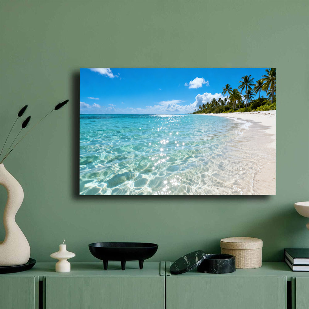 Crystal Water Coast canvas wall art, mockup on a green wall.