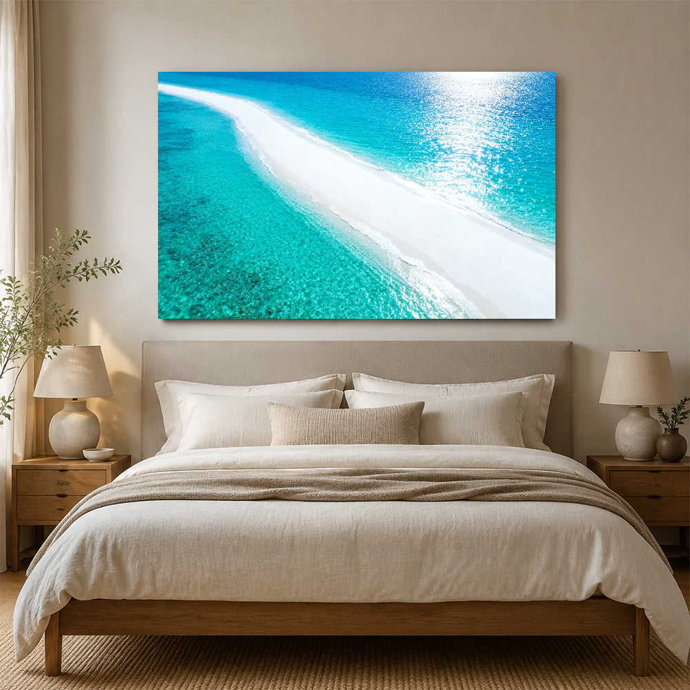 Luminous White Sandbar canvas wall art, bedroom mockup above a bed.