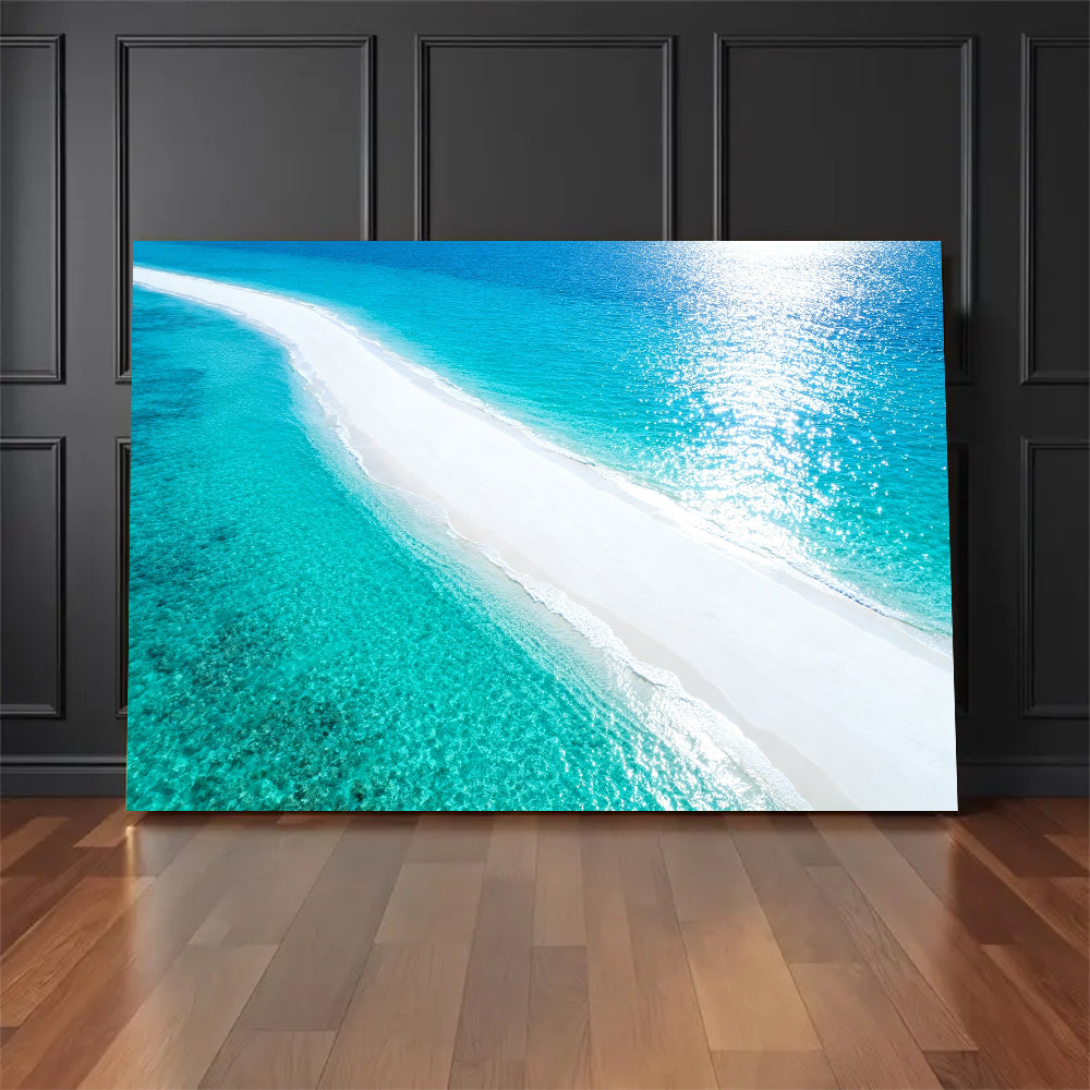 Luminous White Sandbar canvas wall art, floor display against a dark wall.