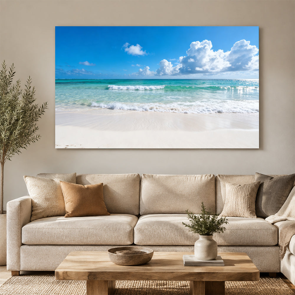 Summer Cloud Shoreline canvas wall art, living room mockup above a sofa.