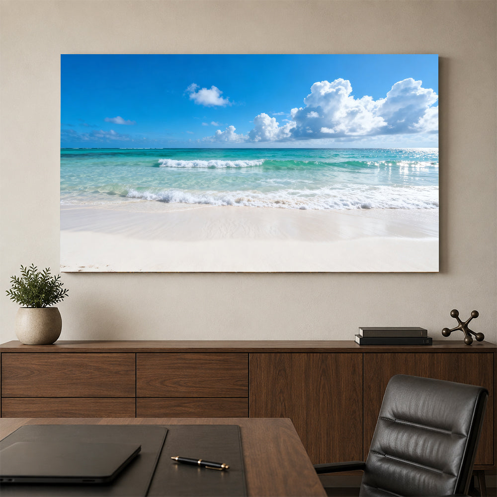 Summer Cloud Shoreline canvas wall art, office mockup above a desk.