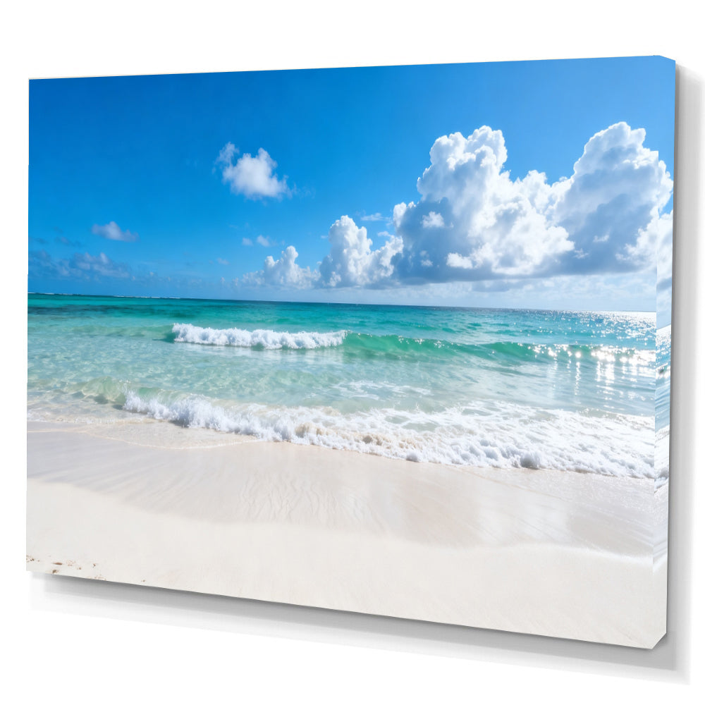 Summer Cloud Shoreline canvas wall art, angled canvas mockup on a white background.