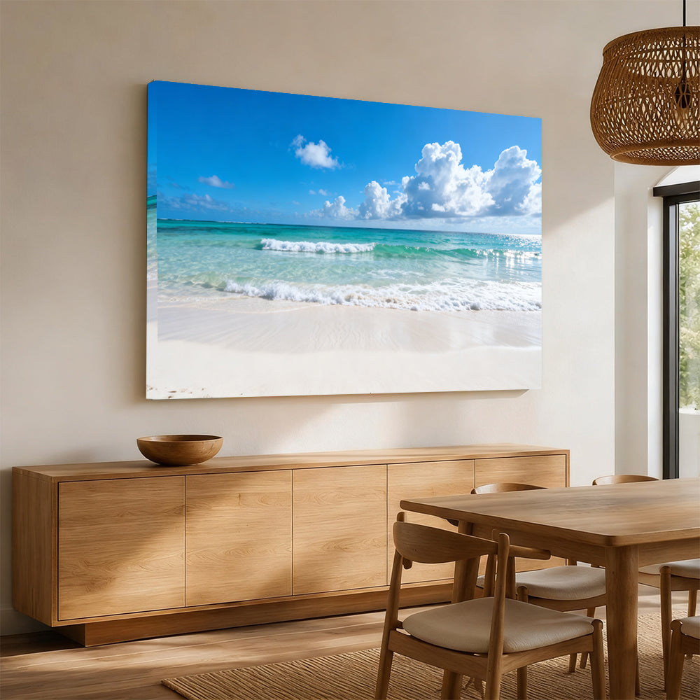 Summer Cloud Shoreline canvas wall art, angled mockup above a sideboard.