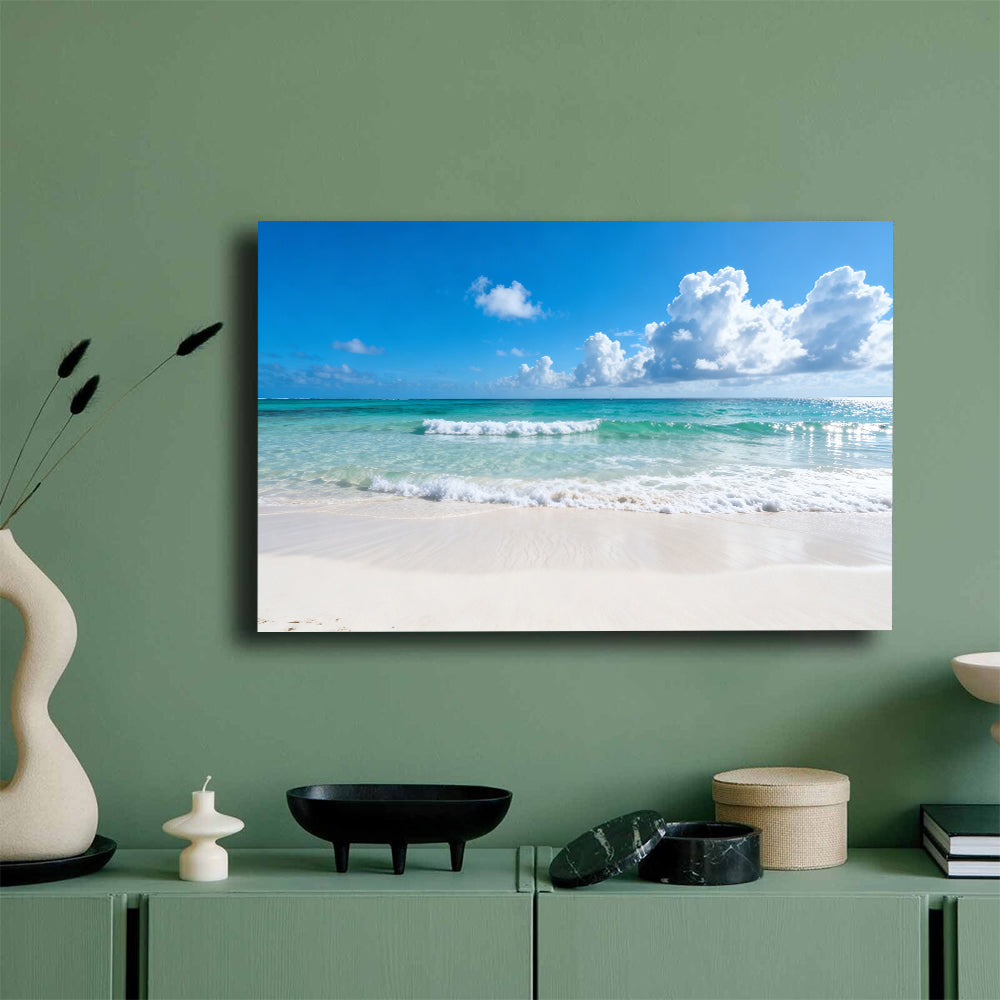 Summer Cloud Shoreline canvas wall art, mockup on a green wall.
