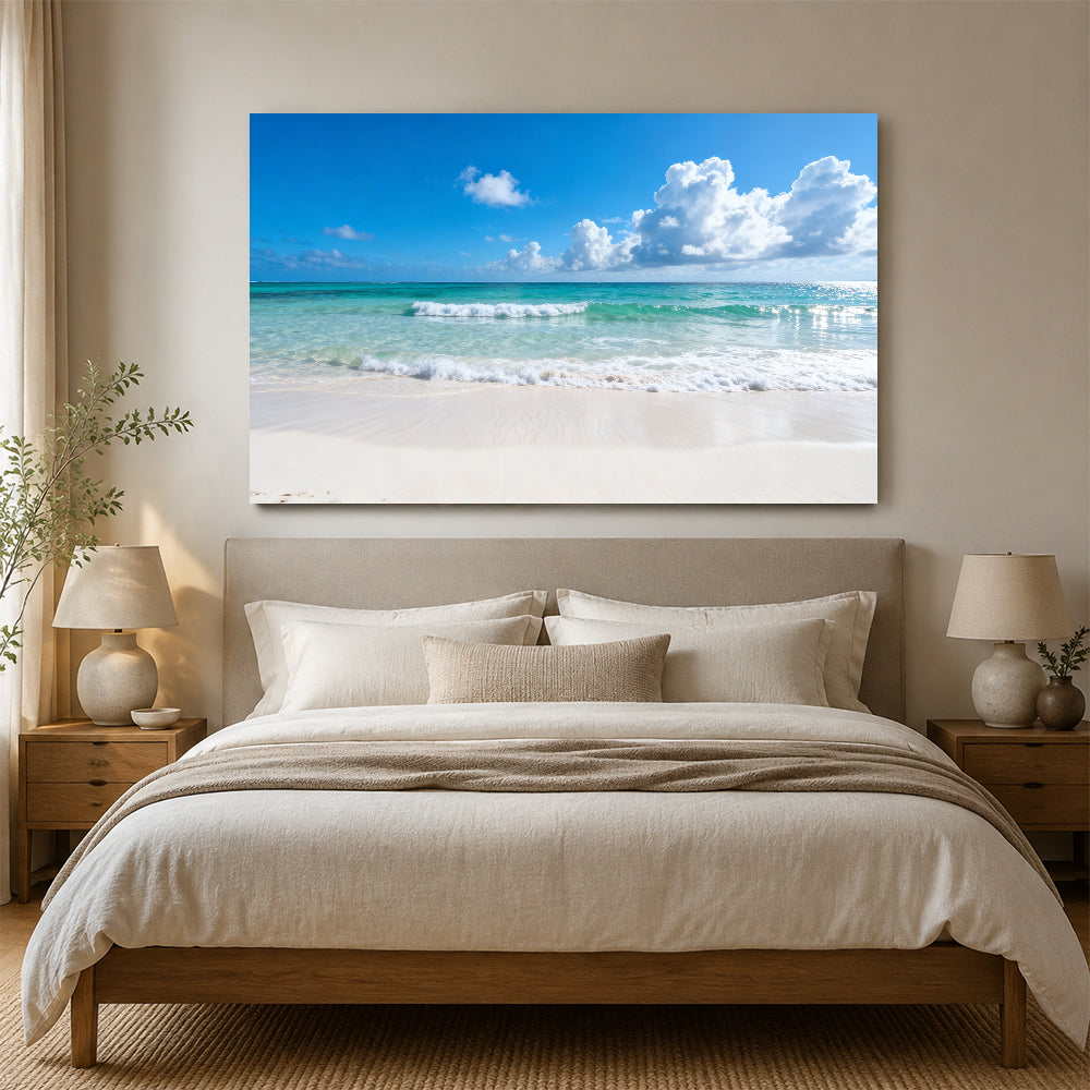 Summer Cloud Shoreline canvas wall art, bedroom mockup above a bed.