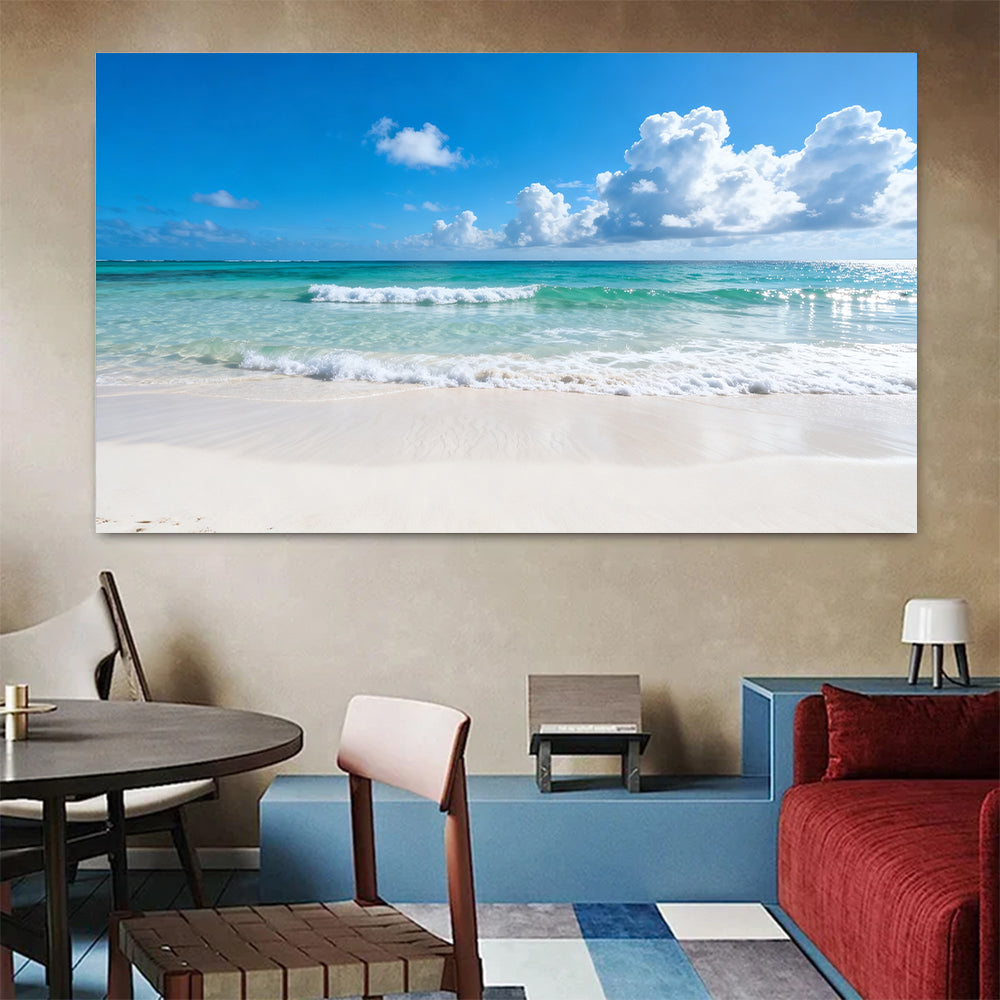 Summer Cloud Shoreline canvas wall art, colorful room mockup.