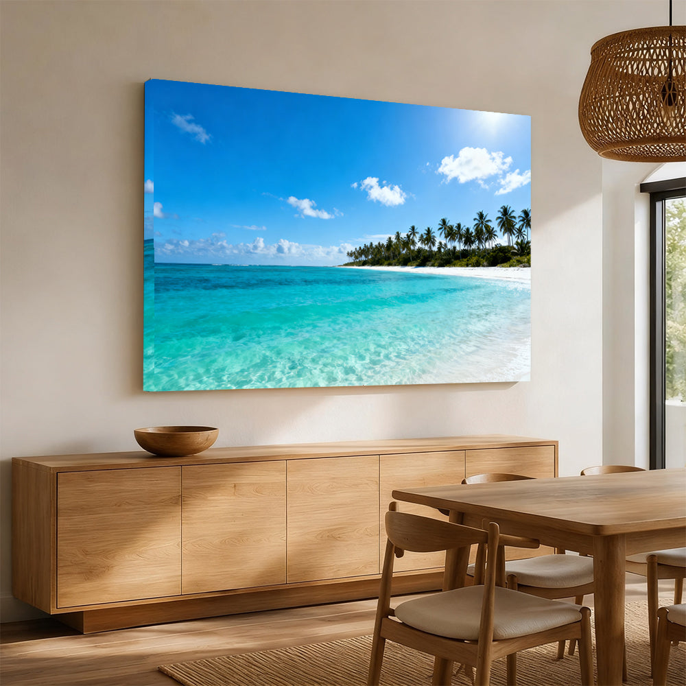 Clear Lagoon Horizon canvas wall art, angled mockup above a sideboard.