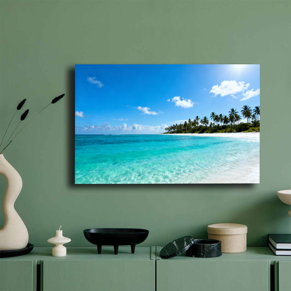 Clear Lagoon Horizon canvas wall art, mockup on a green wall.