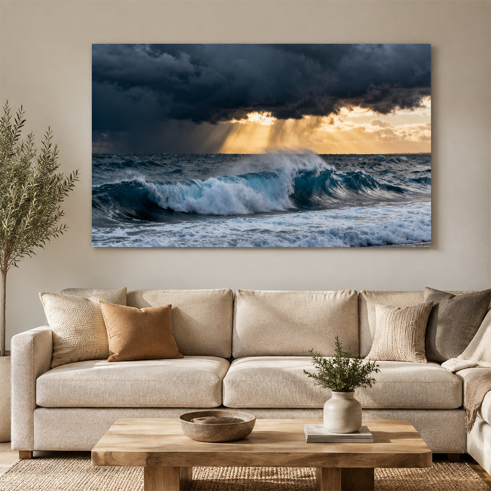 Stormlight Breaking Waves canvas wall art, living room mockup above a sofa.