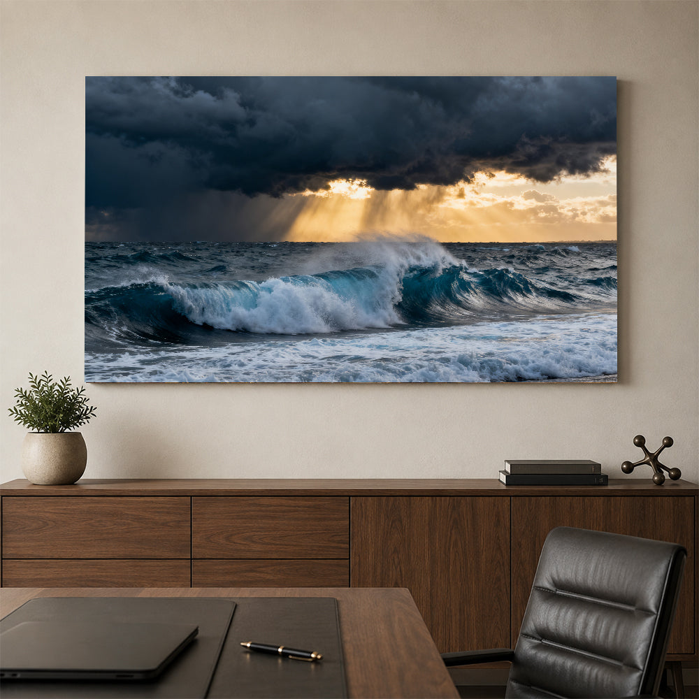 Stormlight Breaking Waves canvas wall art, office mockup above a desk.