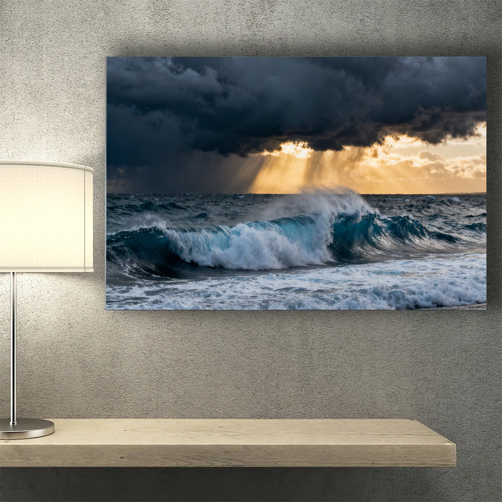 Stormlight Breaking Waves canvas wall art, wall mockup above a console.