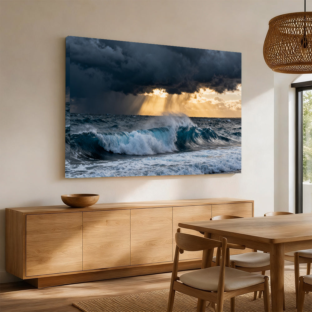 Stormlight Breaking Waves canvas wall art, angled mockup above a sideboard.