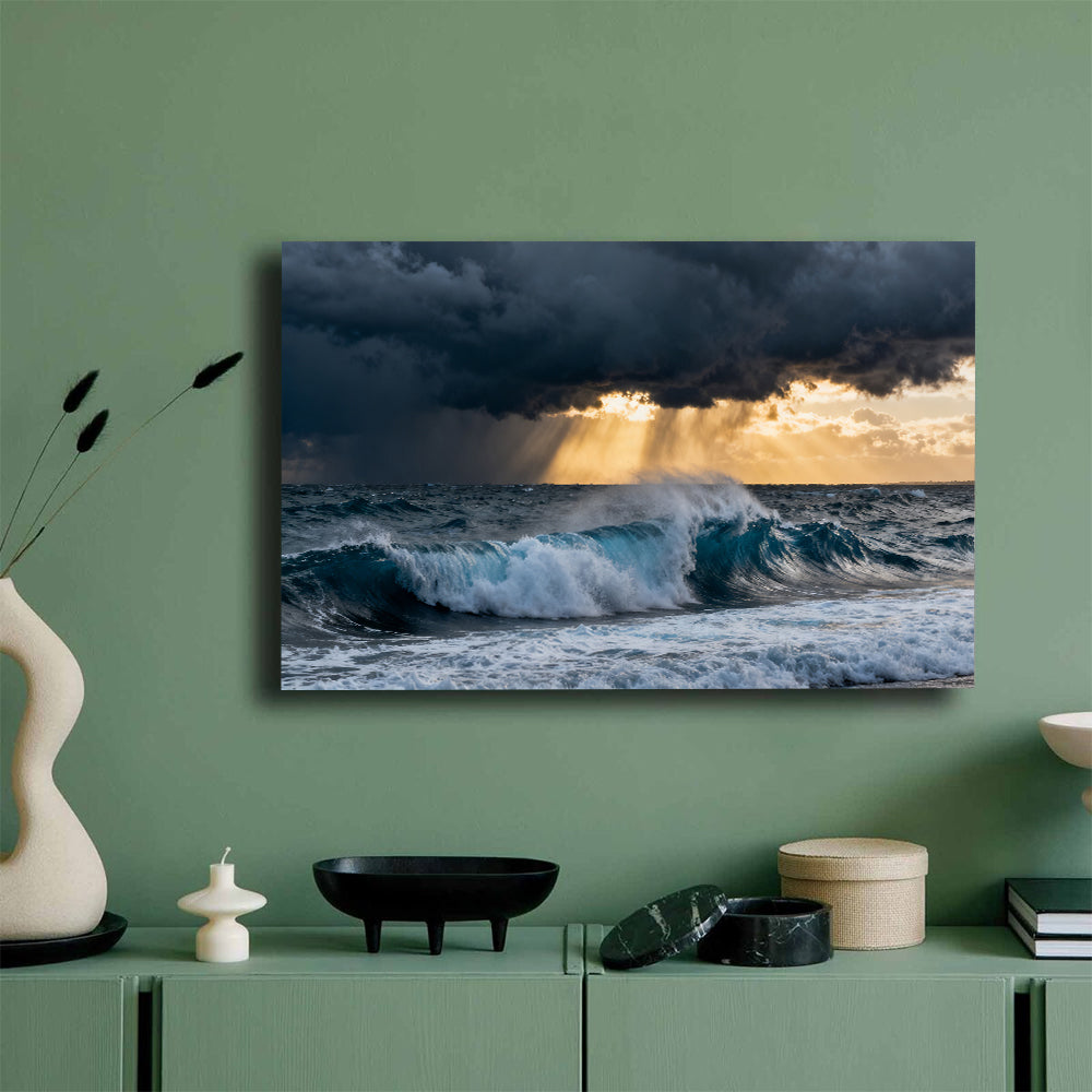 Stormlight Breaking Waves canvas wall art, mockup on a green wall.