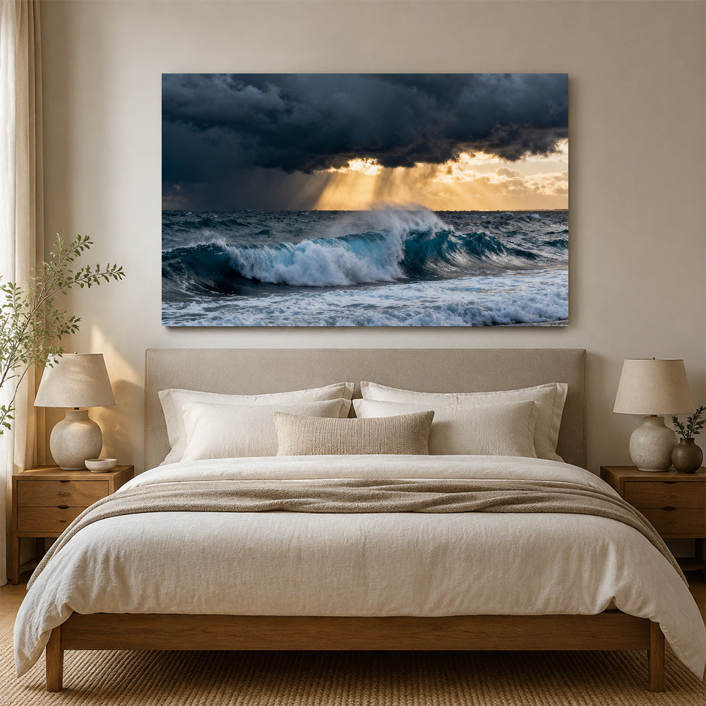 Stormlight Breaking Waves canvas wall art, bedroom mockup above a bed.