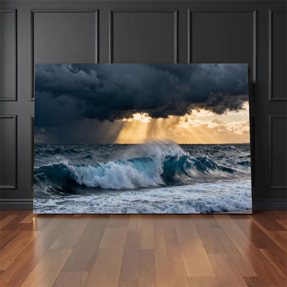 Stormlight Breaking Waves canvas wall art, floor display against a dark wall.