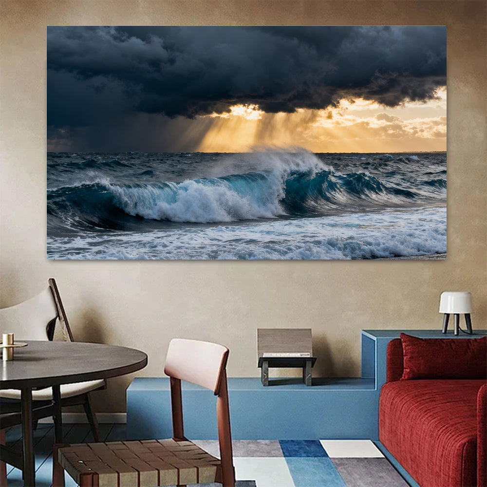 Stormlight Breaking Waves canvas wall art, colorful room mockup.