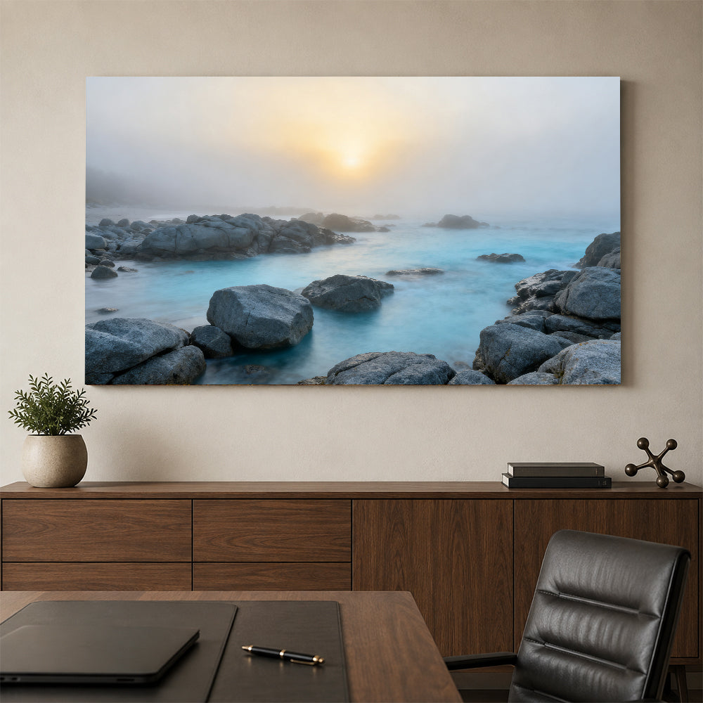 Misty Rocky Shore canvas wall art, office mockup above a desk.