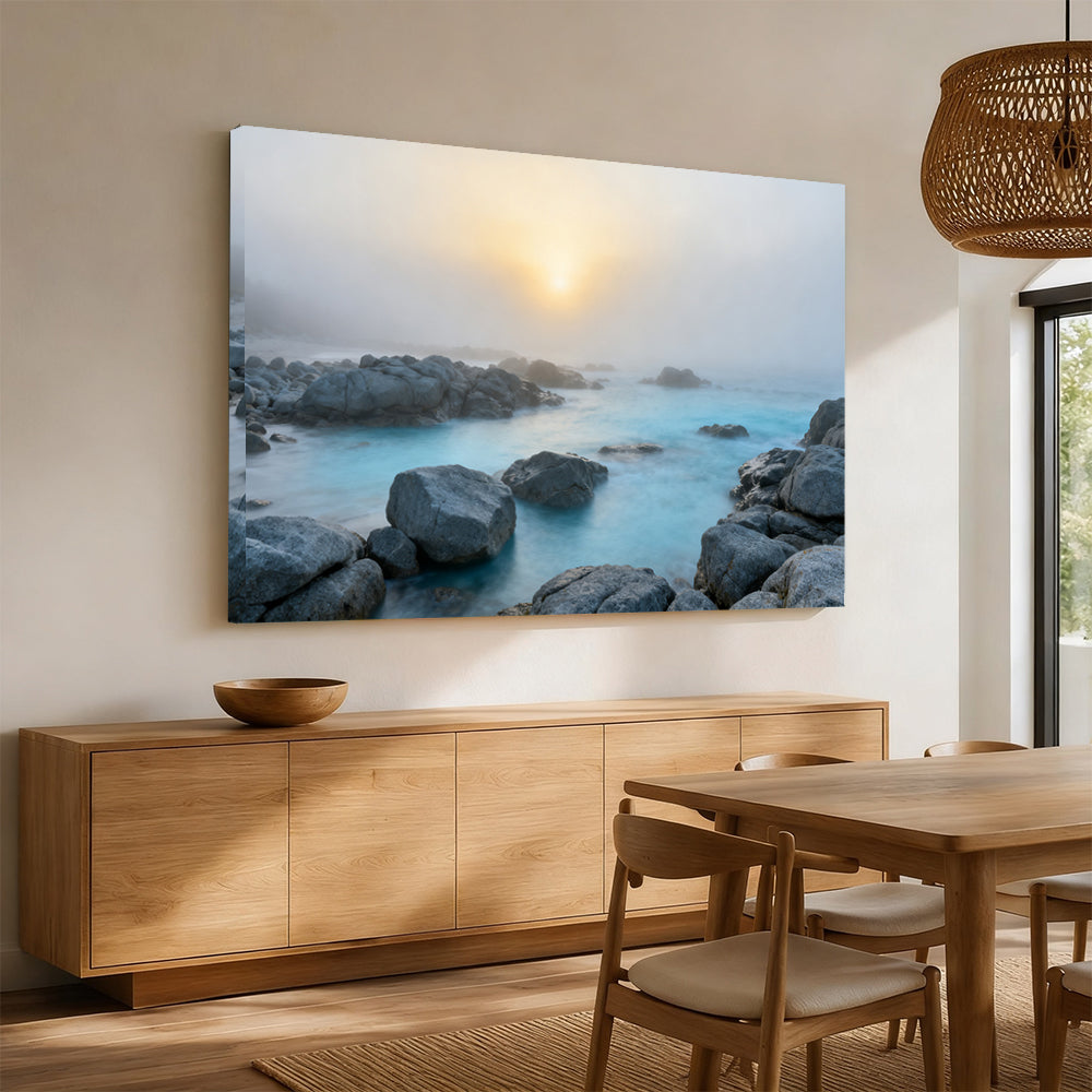 Misty Rocky Shore canvas wall art, angled mockup above a sideboard.