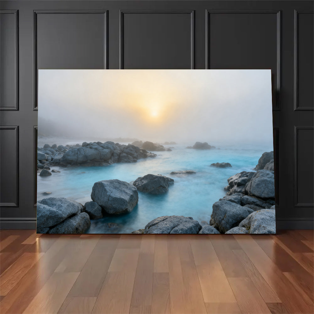 Misty Rocky Shore canvas wall art, floor display against a dark wall.