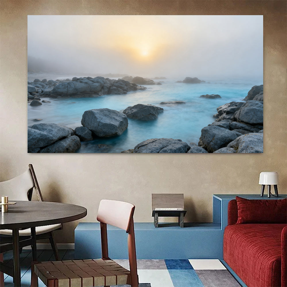 Misty Rocky Shore canvas wall art, colorful room mockup.