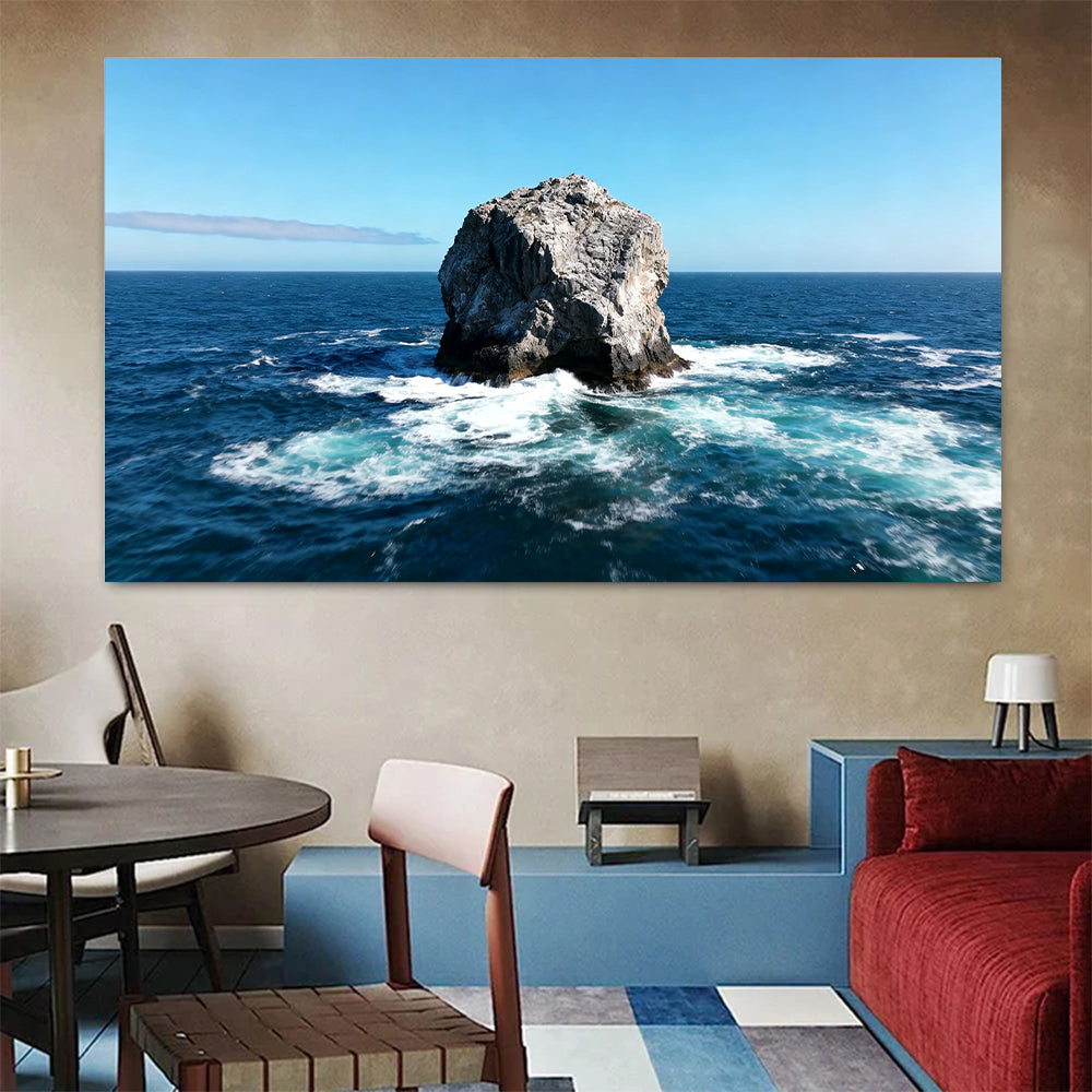 Solitary Sea Stack canvas wall art, colorful room mockup.