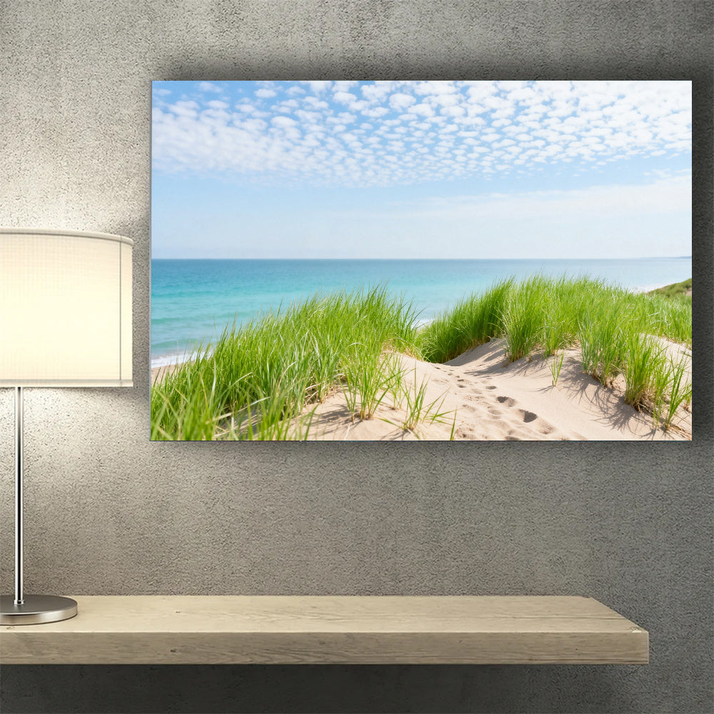 Dune Grass and Sea canvas wall art, wall mockup above a console.