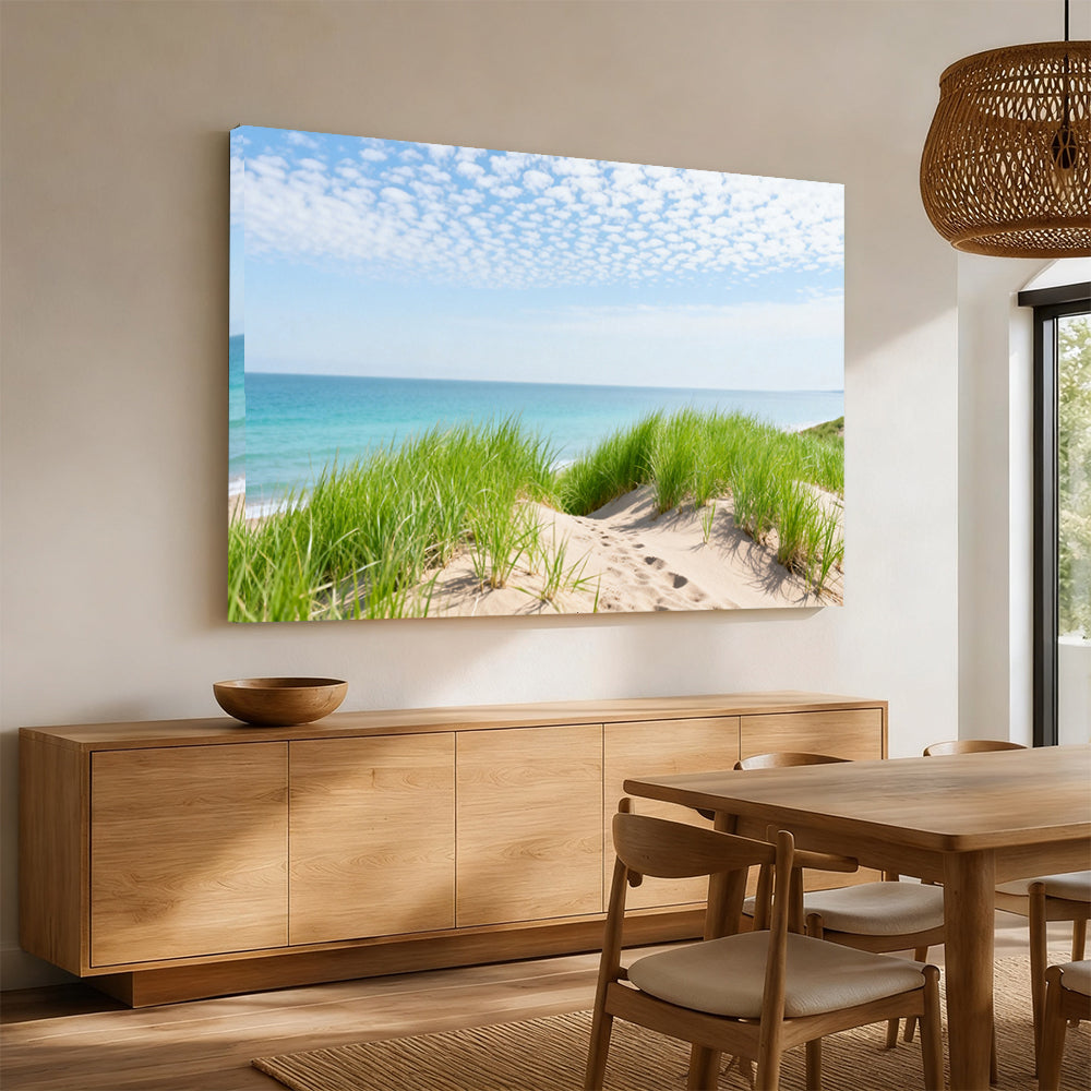 Dune Grass and Sea canvas wall art, angled mockup above a sideboard.