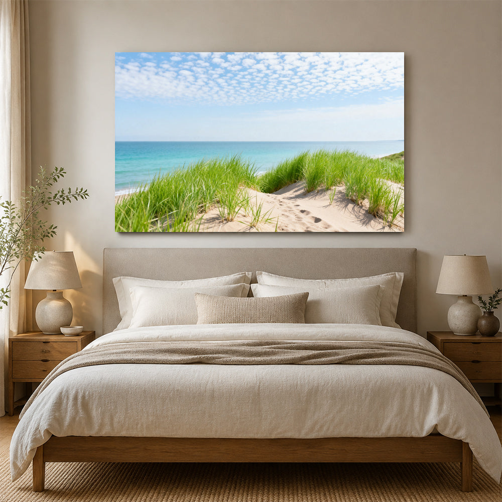 Dune Grass and Sea canvas wall art, bedroom mockup above a bed.
