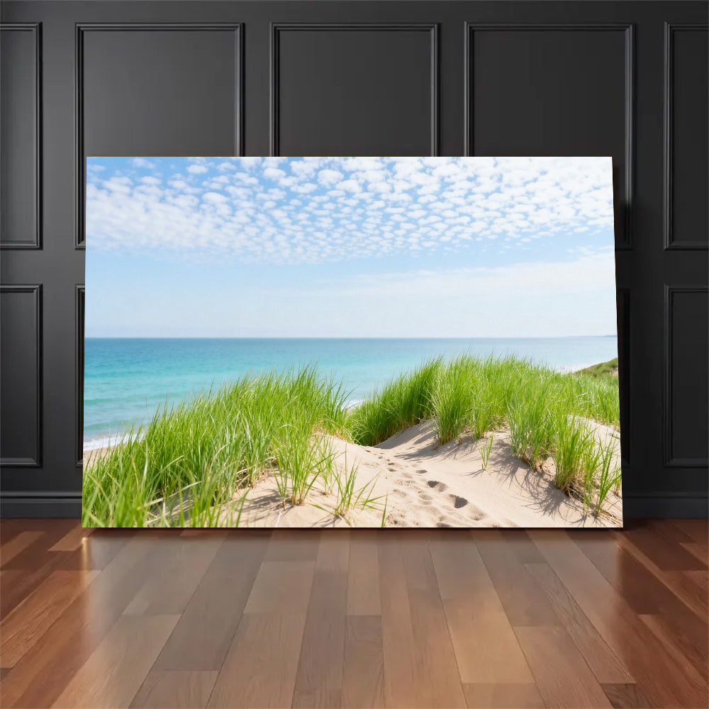 Dune Grass and Sea canvas wall art, floor display against a dark wall.
