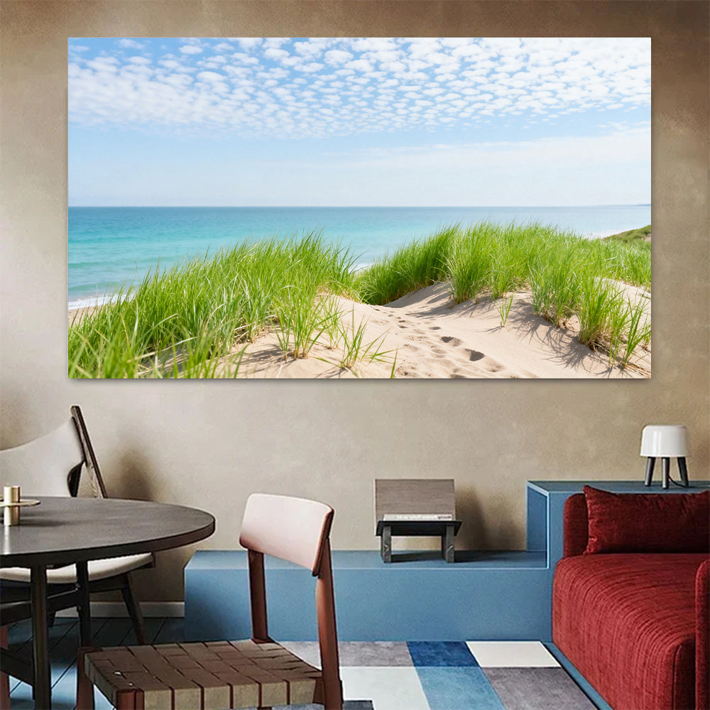 Dune Grass and Sea canvas wall art, colorful room mockup.