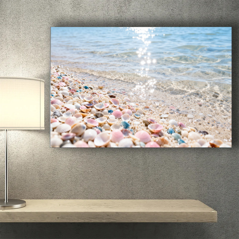 Pastel Shell Shore canvas wall art, wall mockup above a console.