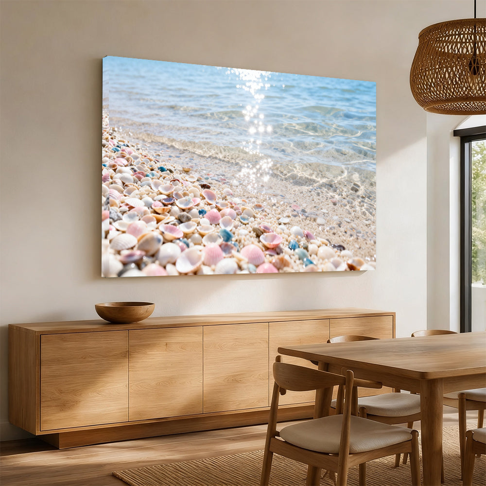 Pastel Shell Shore canvas wall art, angled mockup above a sideboard.