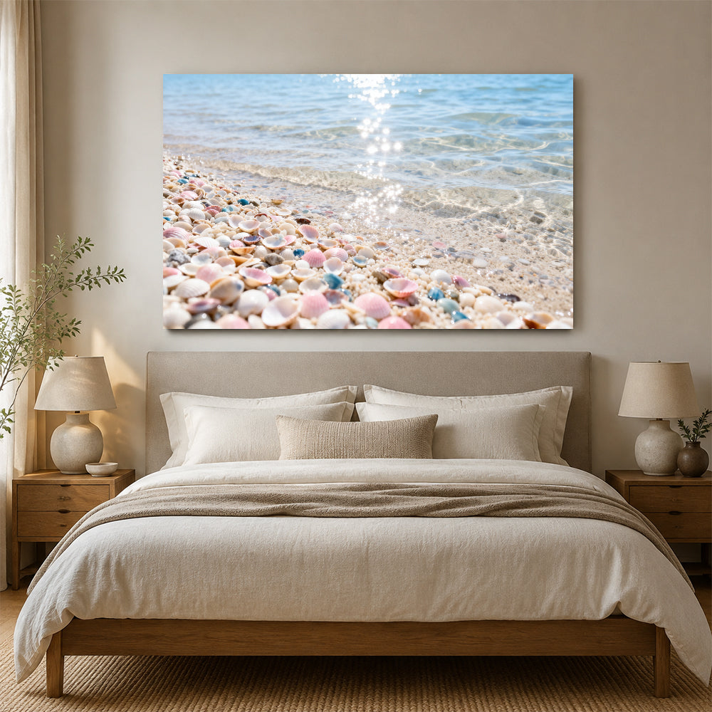 Pastel Shell Shore canvas wall art, bedroom mockup above a bed.