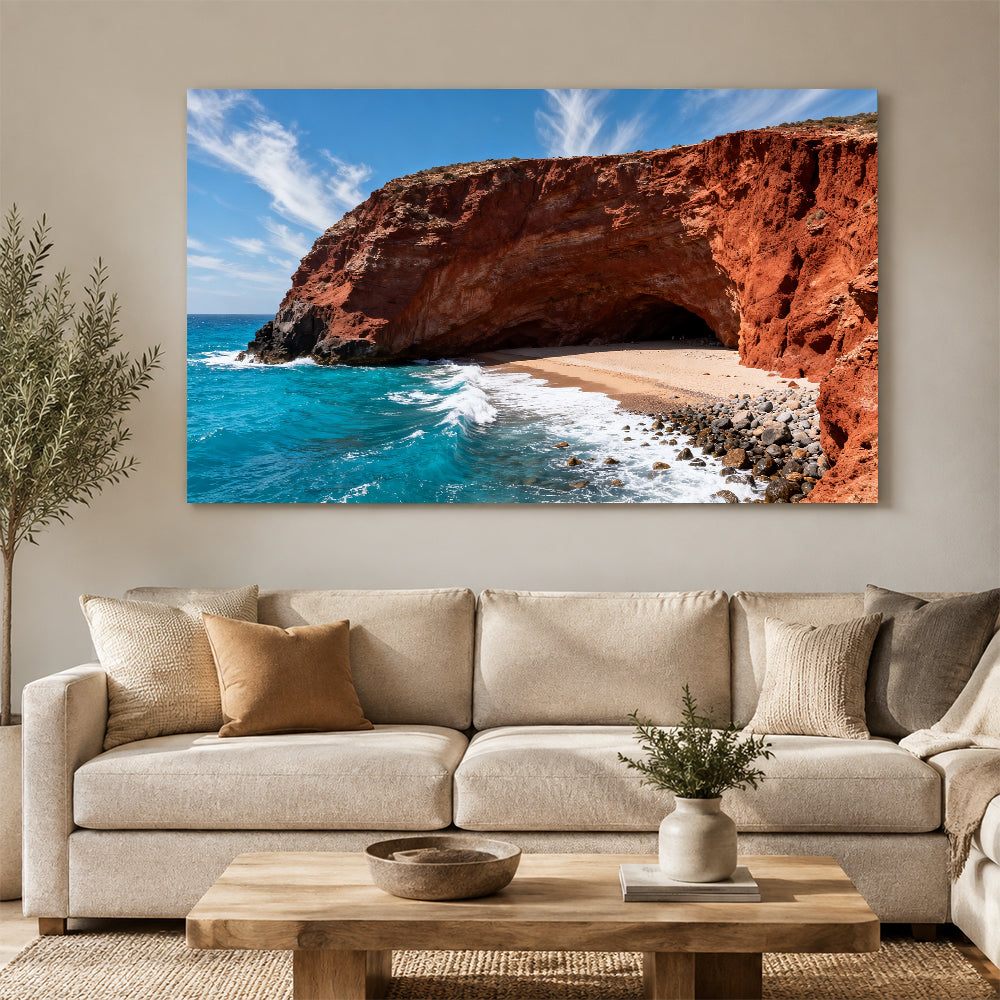 Red Cliff Cove canvas wall art, living room mockup above a sofa.