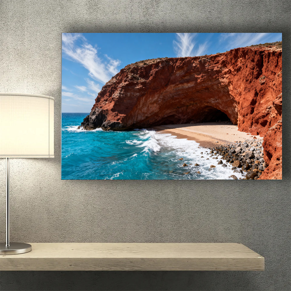 Red Cliff Cove canvas wall art, wall mockup above a console.