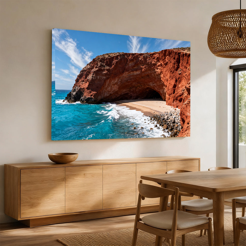 Red Cliff Cove canvas wall art, angled mockup above a sideboard.