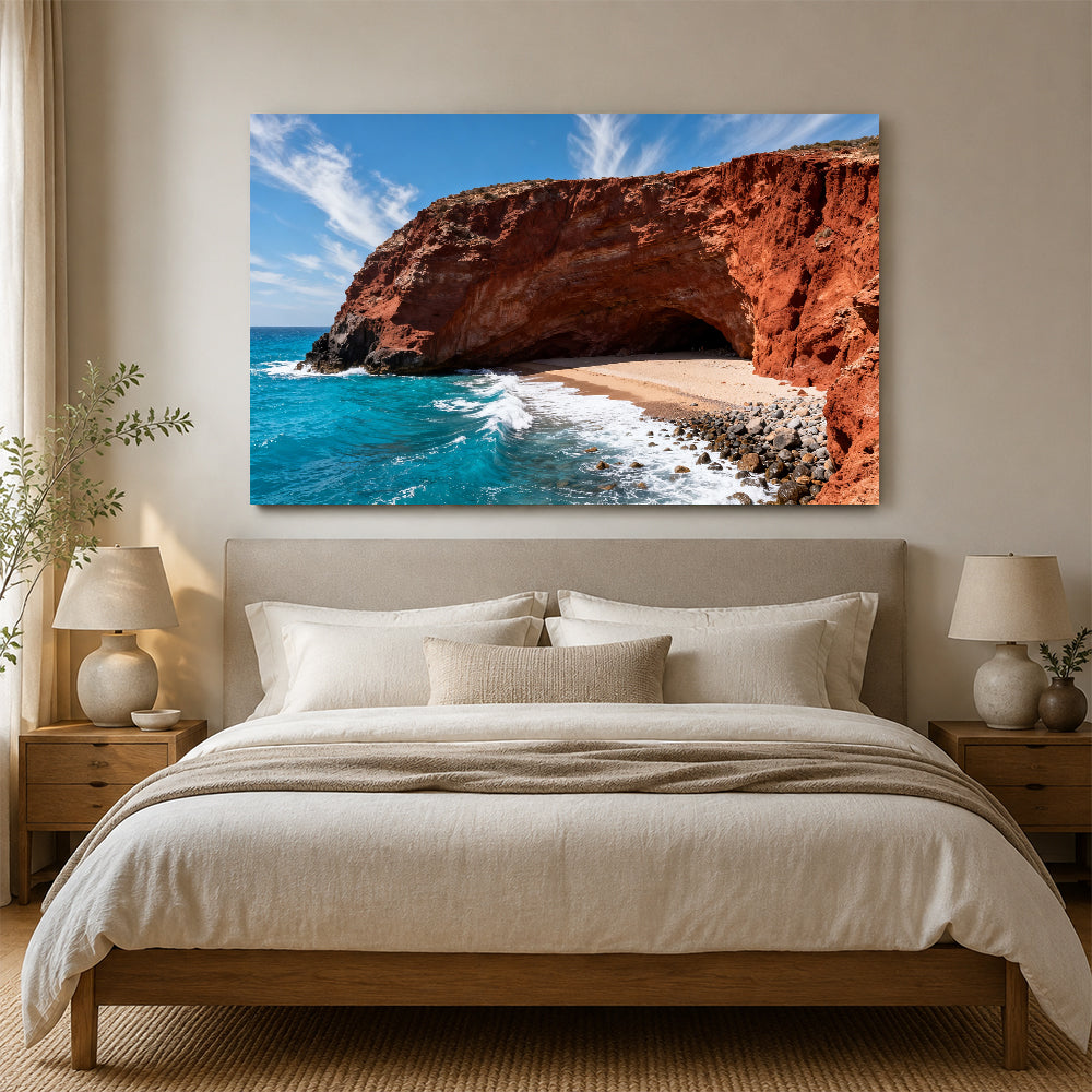 Red Cliff Cove canvas wall art, bedroom mockup above a bed.