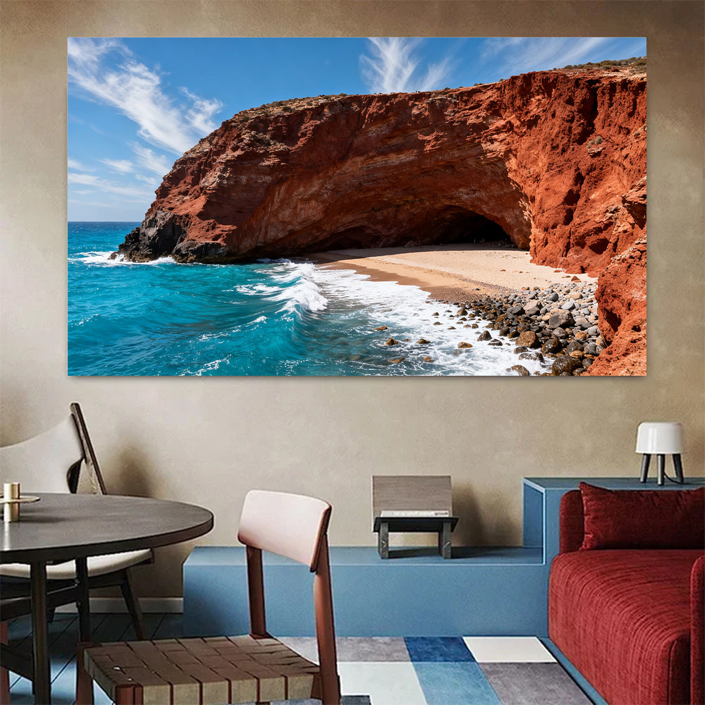 Red Cliff Cove canvas wall art, colorful room mockup.