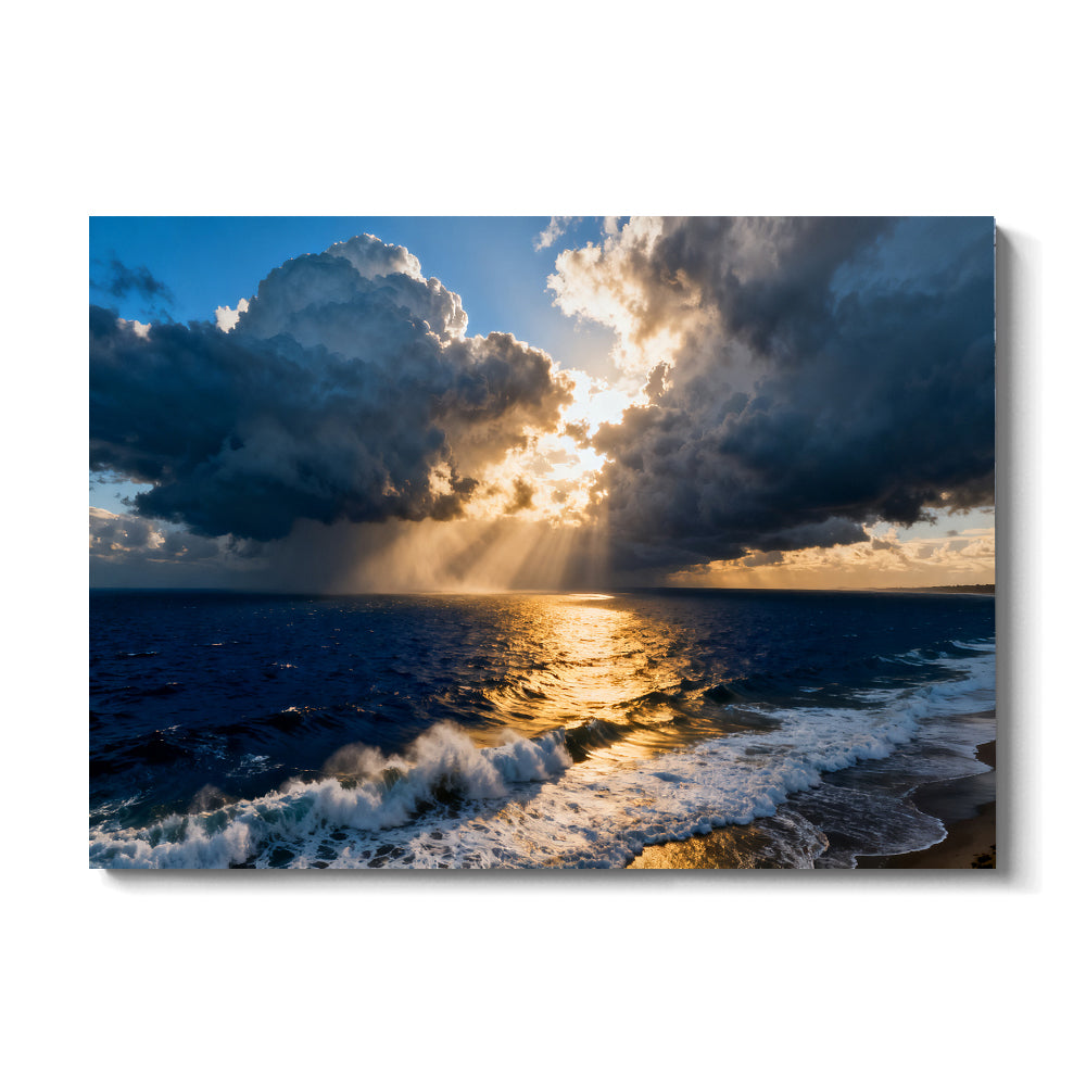 Golden Storm at Sea canvas wall art, front view on a white background.