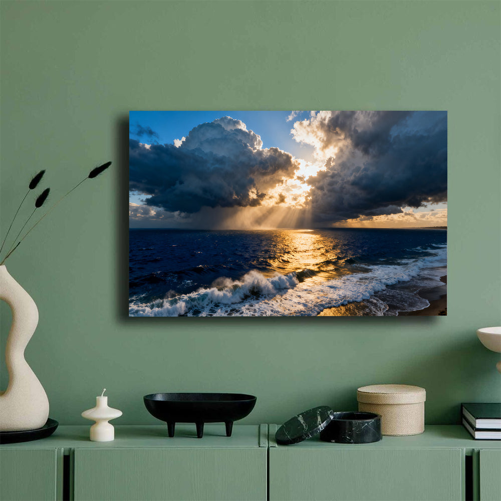 Golden Storm at Sea canvas wall art, mockup on a green wall.