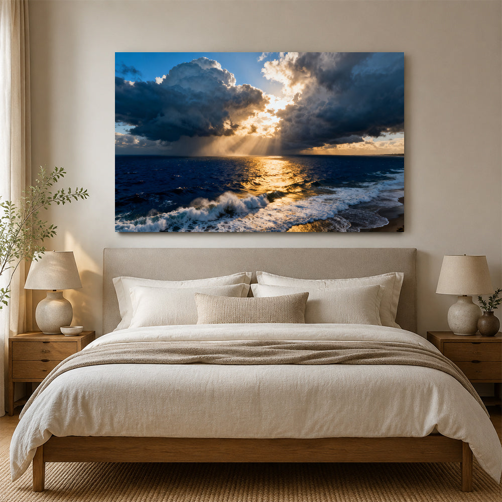Golden Storm at Sea canvas wall art, bedroom mockup above a bed.