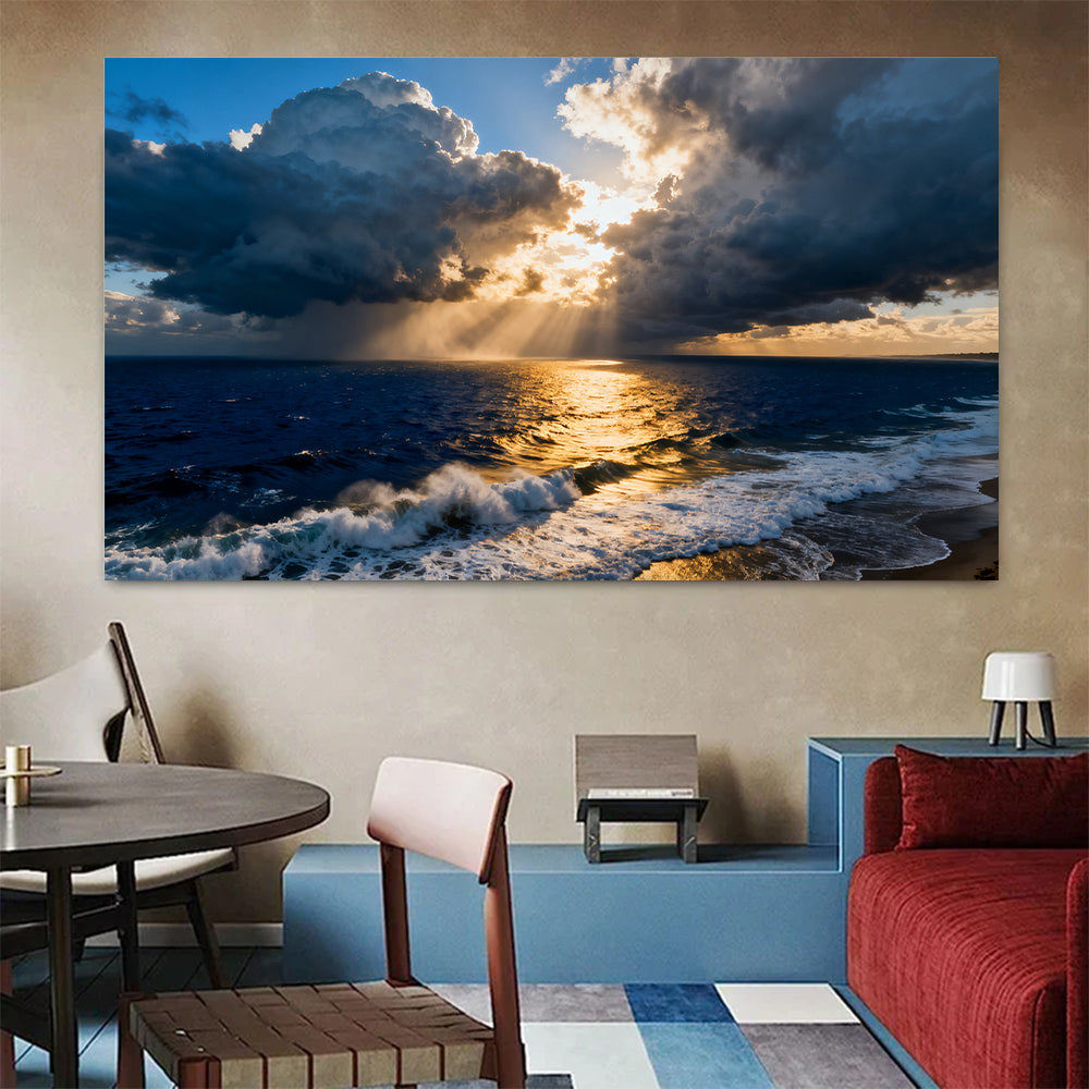Golden Storm at Sea canvas wall art, colorful room mockup.